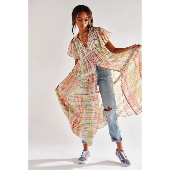 Free People Dresses & Skirts - Free People Sally Embroidered Plaid Top Maxi Dress NWT